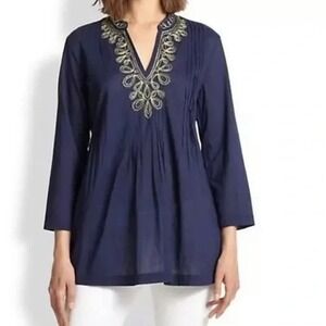 Lilly Pulitzer Sarasota Beaded Tunic Navy Blue Gold SMALL Lightweight Cotton